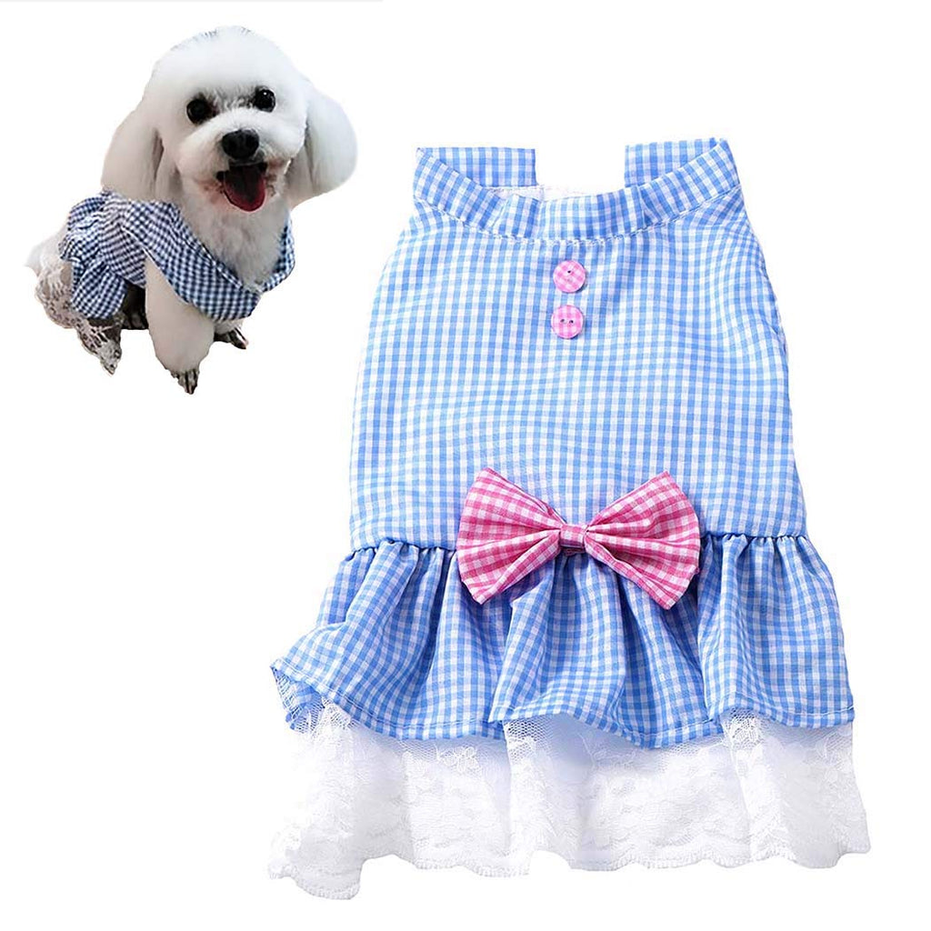 [Australia] - Petea Plaid Bowknot Tutu Dog Dress Vest Apparel Skirt Clothes Pet Puppy Princess Clothes for Dogs and Cats L Blue 
