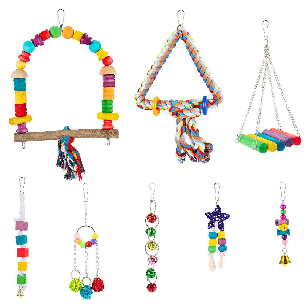 [Australia] - MEWTOGO 8 Pcs Bird Parrot Hanging Swing Perches Toys- Colorful Pet Birds Cage Hammock Chewing Toy with Rattan Ball Bells for Small Love Birds Budgie Parakeets Cockatiels Conures Finches Lorikeets 