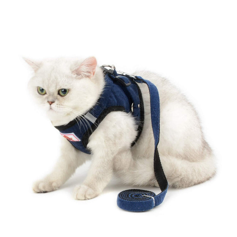 SELMAI Mesh Harness for Cats No Pull No Choke Escape Proof Padded Vest for Puppy Small Dogs Leash Lead for Kitten Walking Jacket Adjustable Training Collar Corduroy Soft Material XS(Chest:26cm/10.2";for 1-3Lbs) Blue - PawsPlanet Australia
