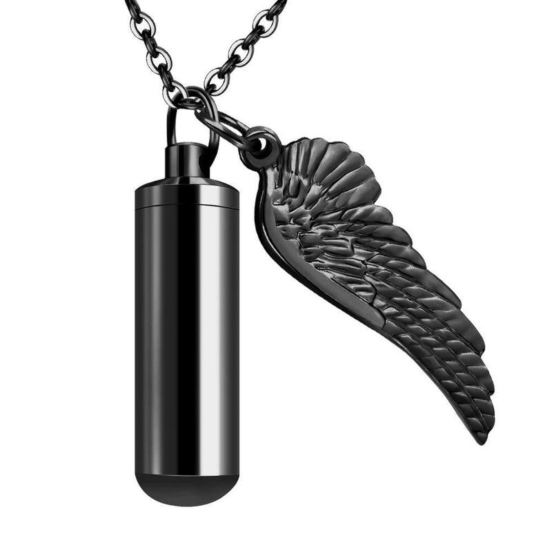 Cylinder Cremation Urn Necklace for Ashes Memorial Keepsake Pendant with Angel Wing Stainless Steel Remembrance Jewelry Black M non-engraving - PawsPlanet Australia