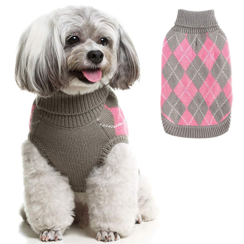[Australia] - PAWCHIE Classic Dog Sweater Knit Turtleneck, Plaid Knitwear Sweaters, Warm Clothes for Small to Large Dogs XS Grey & Pink 