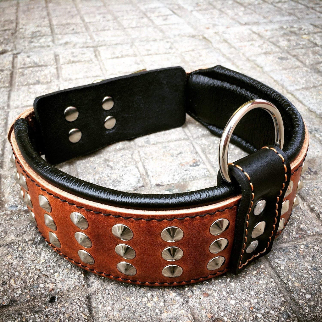 [Australia] - Bestia Genuine Leather Dog Collar with Studs and Soft Leather Cushion. Wide. Durable. Longlasting. Padded XL- fits a neck of 22.6 - 25.6 inch Main color Brown 