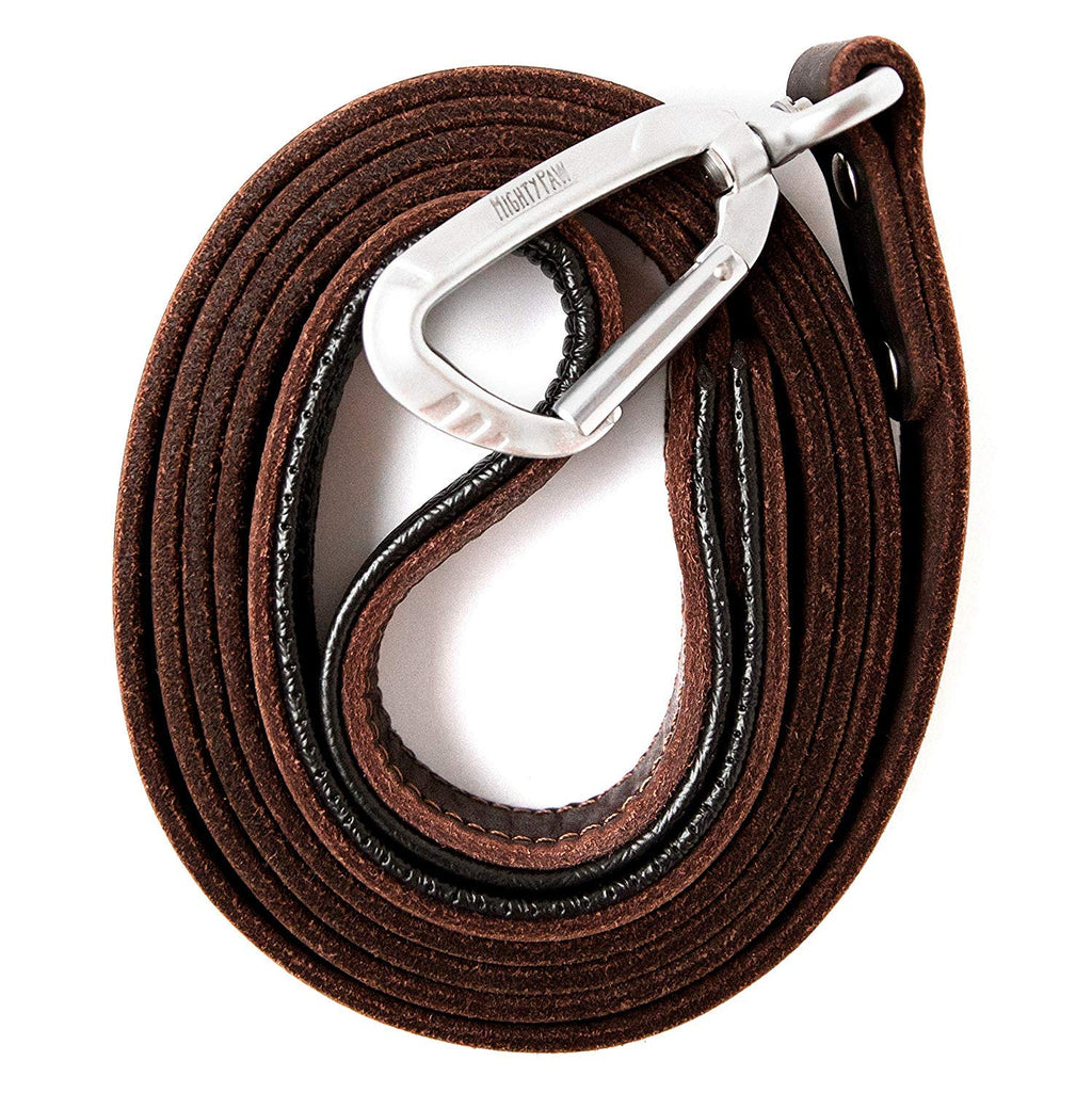 [Australia] - Mighty Paw Leather Dog Leash | 6 Ft Leash. Super Soft Padded Handle Leather Lead with Extra D-Ring for Waste Bags. Strong Climbers Clip, Perfect Medium and Large Dog Leash. (Brown) Brown 