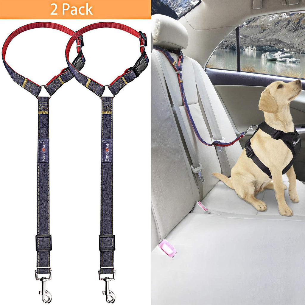[Australia] - Bark Lover Dog Seat Belts for Cars - Unique Denim & Nylon Fabric, Adjustable Dog Safety Belt Car Headrest Restraint, 2-Pack red 