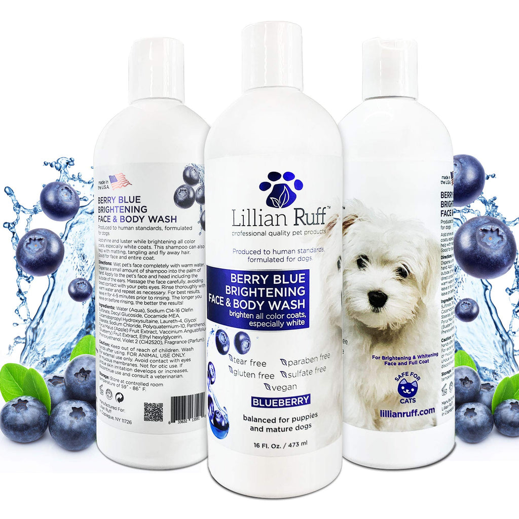 Lillian Ruff Berry Blue Brightening Face and Body Wash for Dogs and Cats - Tear Free Blueberry Shampoo - Remove Tear Stains, Hydrate Dry Itchy Skin, Add Shine & Luster to Coats - Made in USA (16oz) 16 Fl Oz (Pack of 1) - PawsPlanet Australia