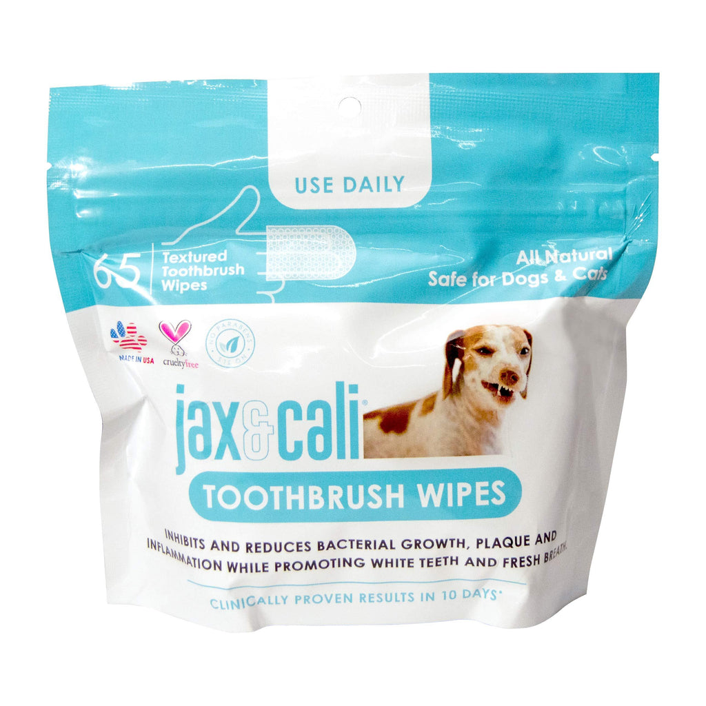 JAX & CALI Pet Toothbrush Wipes, All Natural Textured Dental Wipes, Holistic Pet Oral Care, Cruelty Free, Natural Enzymes to Reduce Bacterial Growth & Plaque, for Dogs and Cats, 65 Count - PawsPlanet Australia