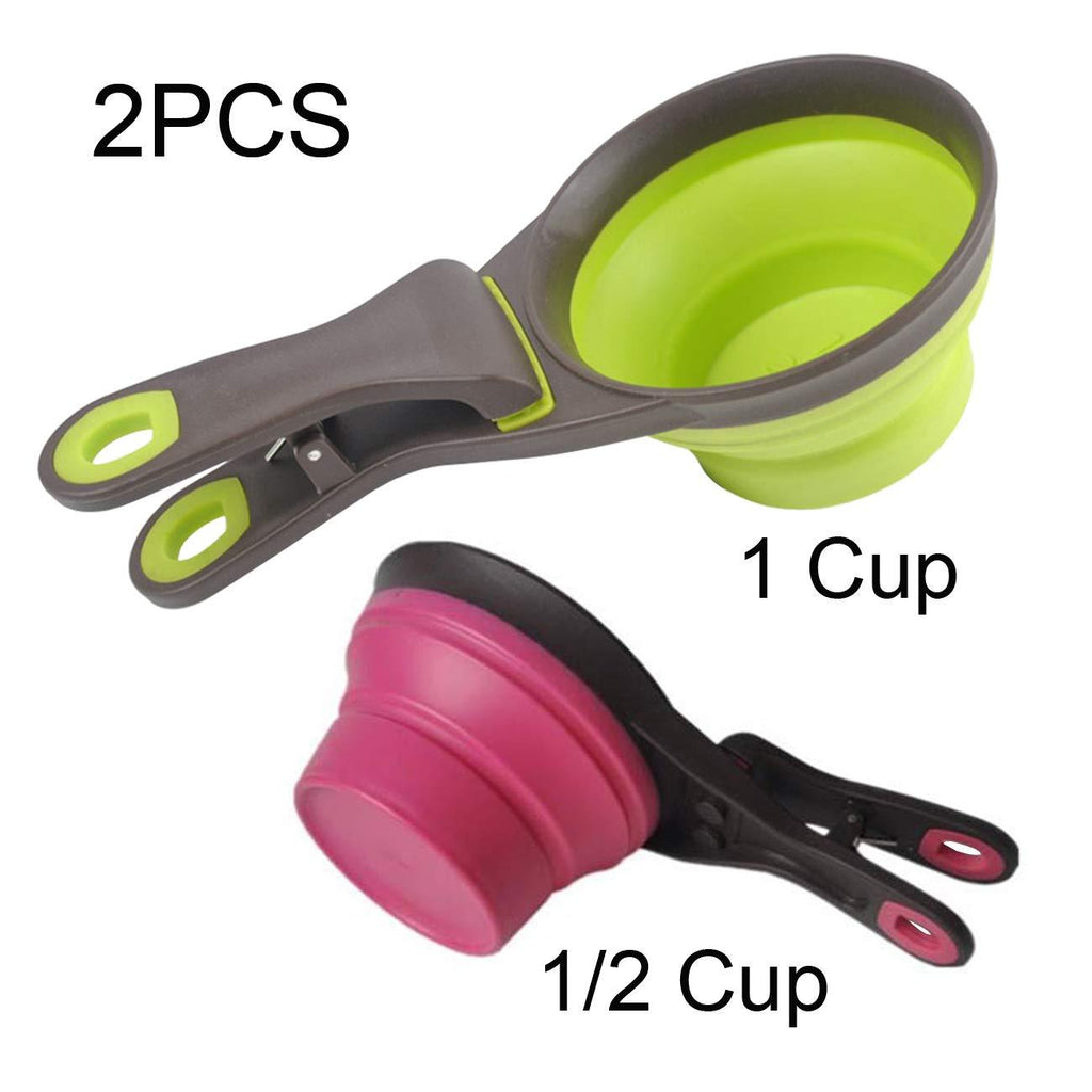 [Australia] - Acronde Collapsible Pet Scoop Silicone Measuring Cups Set Sealing Clip 3 in 1 Multi-Function Scoop Bowls Bag Clip for Dog Cat Food Water Set of 2 (1 Cup & 1/2 Cup Capacity) 