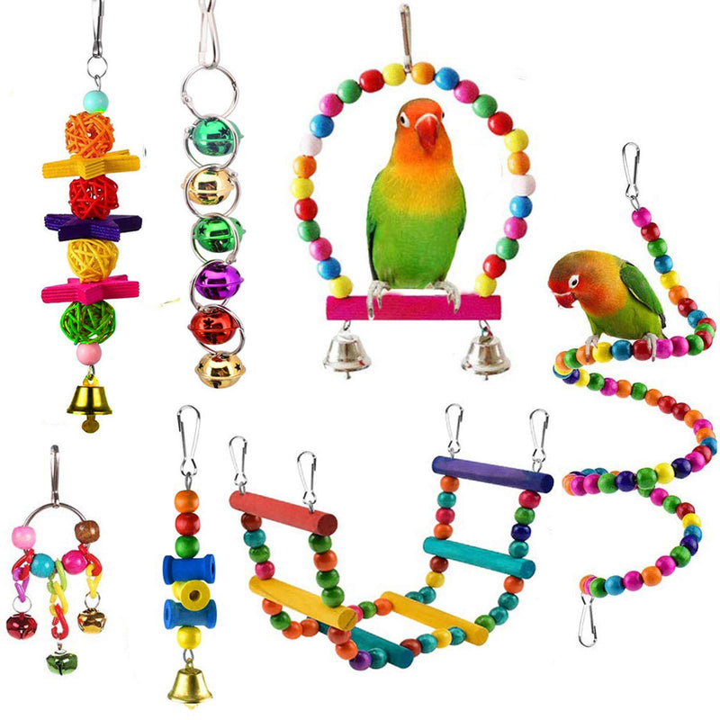 ESRISE 7 Pcs Bird Parakeet Cockatiel Parrot Toys, Hanging Bell Pet Bird Cage Hammock Swing Climbing Ladders Toy Wooden Perch Chewing Toy for Small Parrots, Conures, Love Birds, Finche - PawsPlanet Australia