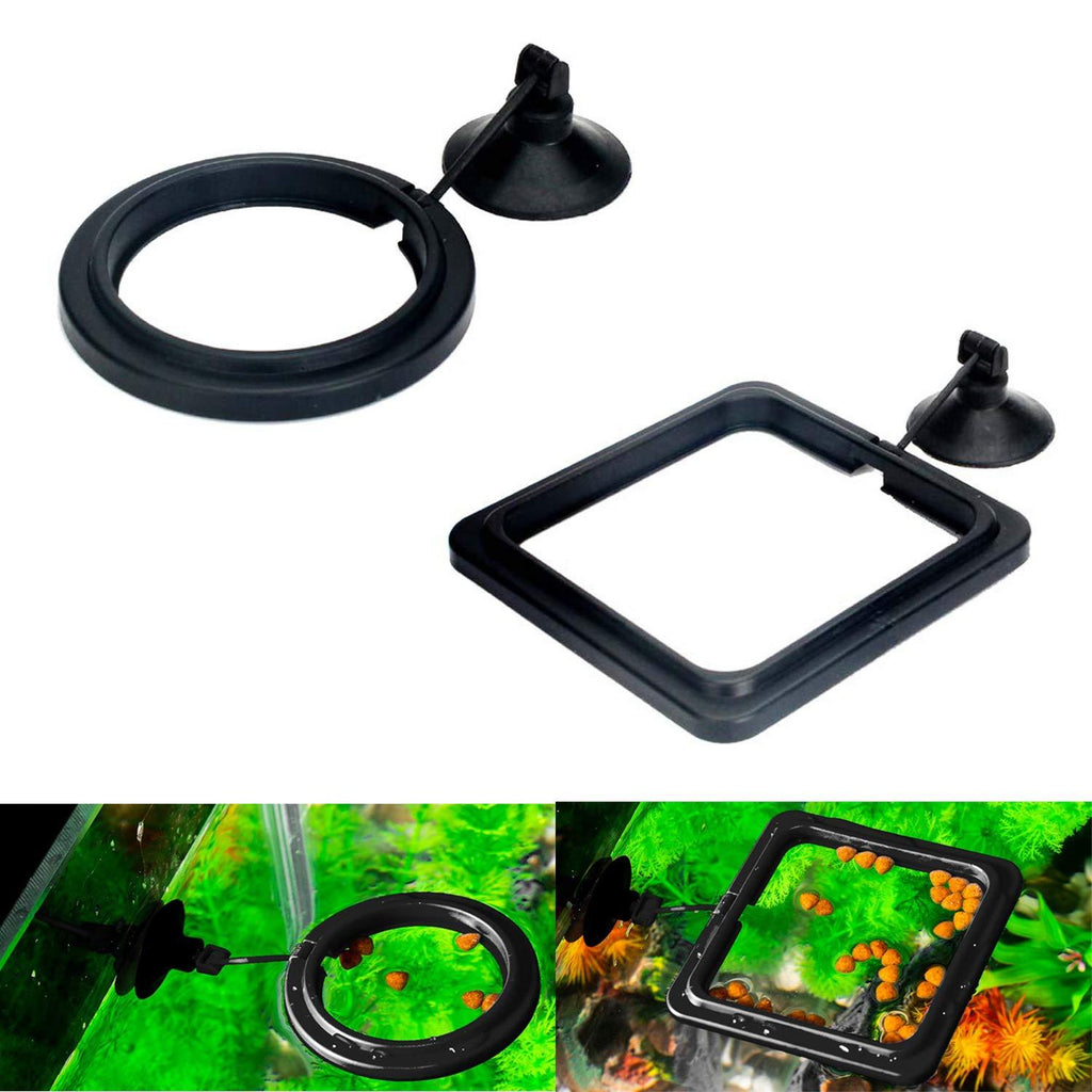 [Australia] - Maxmoral 2pcs Black Fish Feeding Ring Aquarium Fish Tank Mariculture Fishes Floating Food Feeder Circle with Suction Cup(Round and Square) 