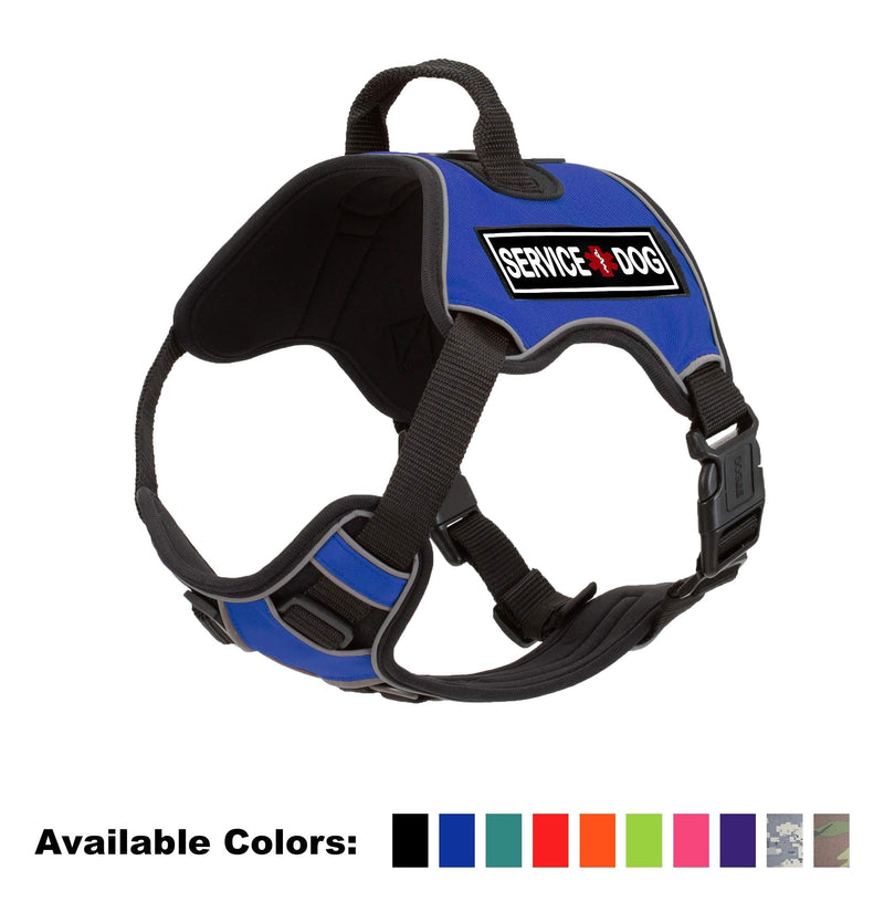 [Australia] - Dogline Quest No-Pull Dog Harness with 3D Rubber Service Dog Removable Patches Reflective Soft Comfortable Dog Vest with Quick Release Dual Buckles Black Hardware and Handle Girth 25" to 31" Blue 