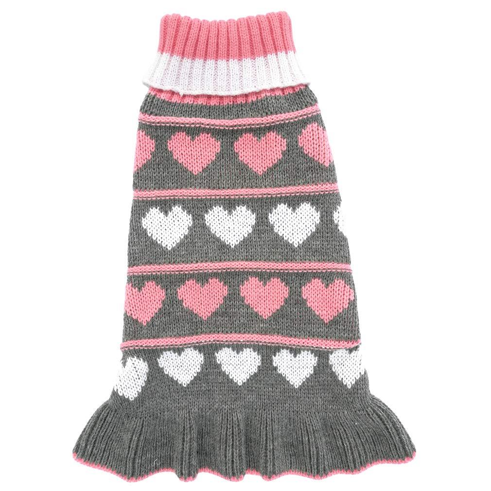 Jecikelon Pet Dog Long Sweaters Dress Knitwear Turtleneck Pullover Warm Winter Puppy Sweater Long Dresses (Grey Heart, X-Small) Grey Heart - PawsPlanet Australia