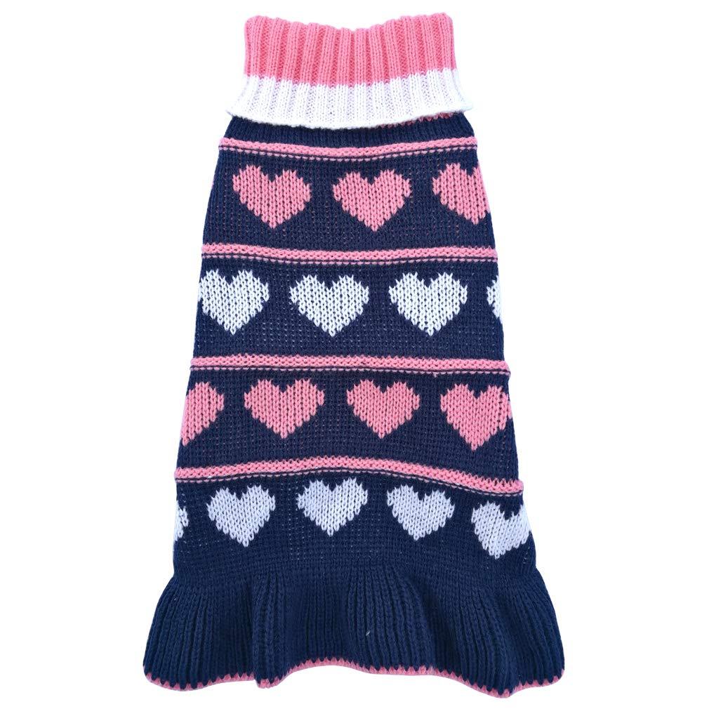 [Australia] - Jecikelon Pet Dog Long Sweaters Dress Knitwear Turtleneck Pullover Warm Winter Puppy Sweater Long Dresses X-Small Navy Heart 