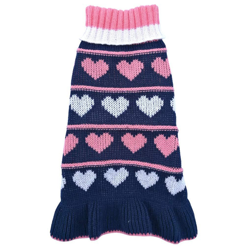 [Australia] - Jecikelon Pet Dog Long Sweaters Dress Knitwear Turtleneck Pullover Warm Winter Puppy Sweater Long Dresses X-Small Navy Heart 
