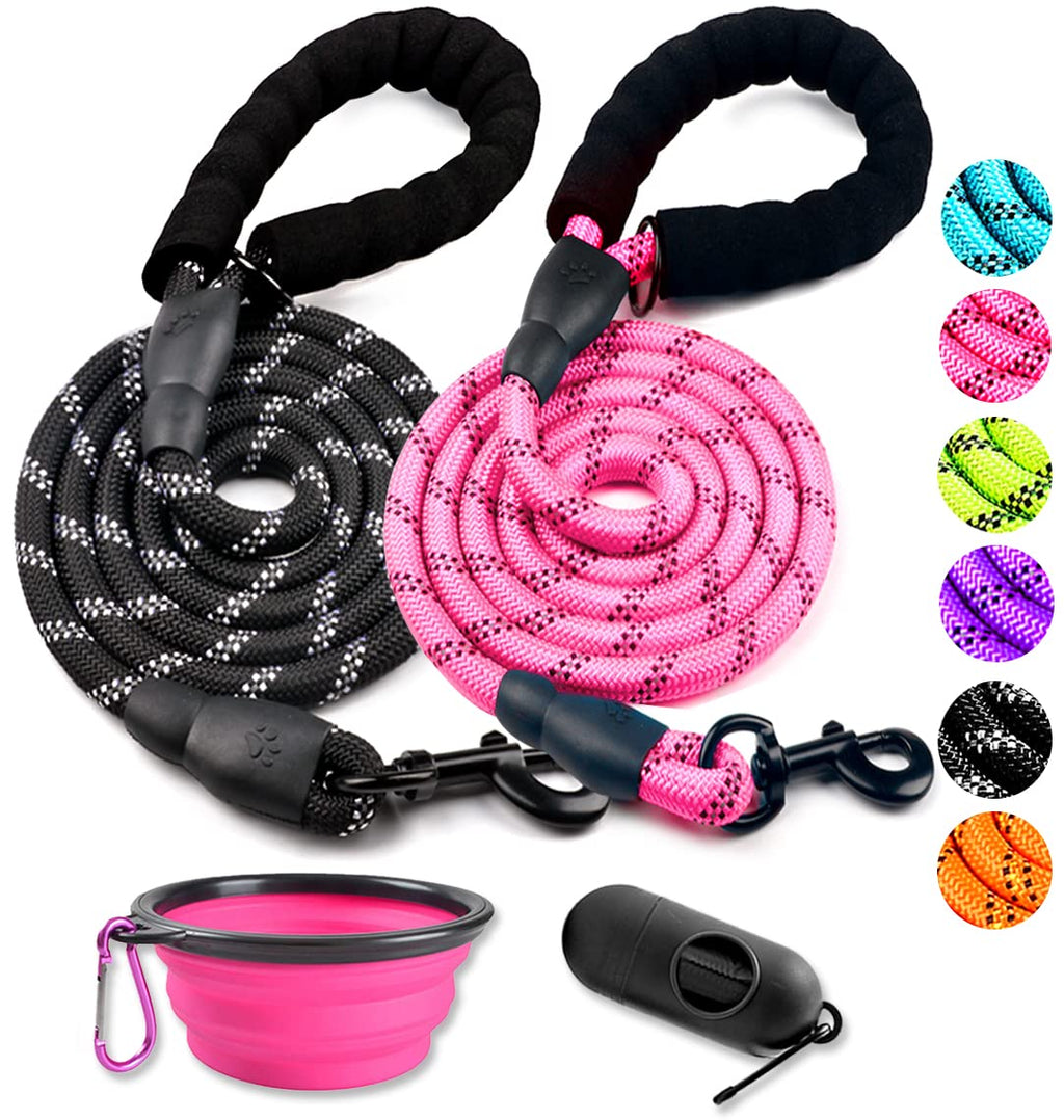 COOYOO 2 Pack Dog Leash 5 FT Heavy Duty - Comfortable Padded Handle - Reflective Dog Leash for Medium Large Dogs with Collapsible Pet Bowl 1/2"x 5 FT (18~120 lbs.) Set 1-Black+Pink - PawsPlanet Australia