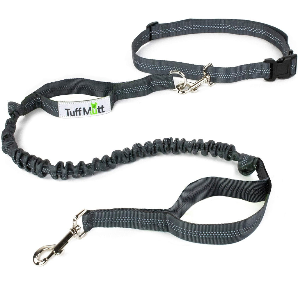 Tuff Mutt Hands Free Dog Leash for Running, Walking, Hiking, Durable Dual-Handle Bungee Leash is 4 Feet Long with Reflective Stitching, Adjustable Waist Belt That Fits 42 Inch Waist Gray - PawsPlanet Australia