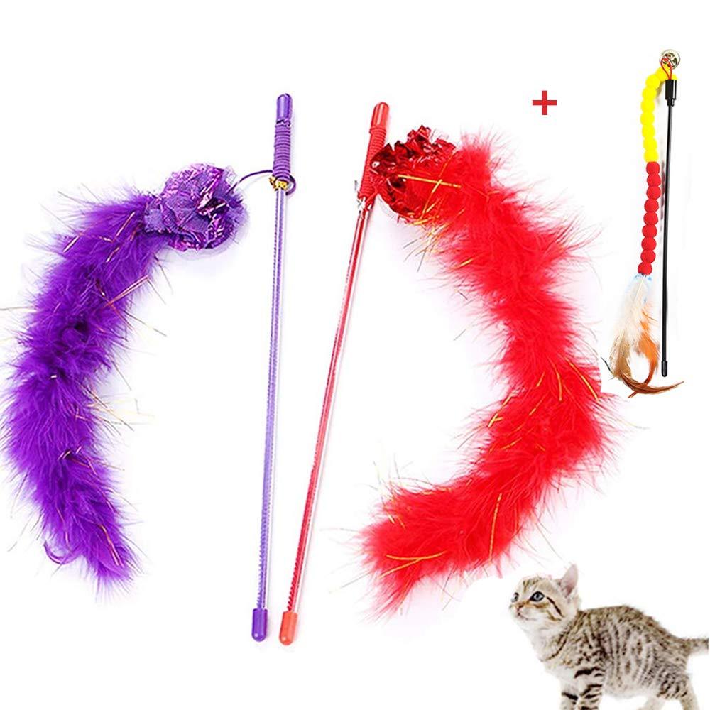 [Australia] - Cat Wand Toy Interactive Cat Toys Cat Teaser Wand with Sound Paper and Feather for Cat Kitten 2 Pcs [Red, Purple] 