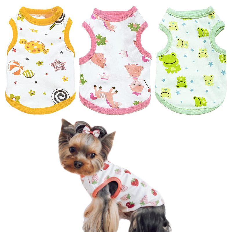 PETCARE 3 Pack Small Dog Shirts Soft Breathable Cotton Puppy T Shirt for Small Dogs Girl Spring Summer Cute Print Pet Tee Sleeveless Vest Chihuahua Yorkie Shih Tzu Pomeranian Cat Clothes Outfits XS(Fit 1-3 lbs) SET(Lollipop+Frog+Horse) - PawsPlanet Australia