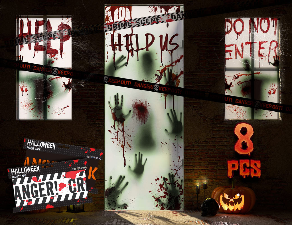 KD KIDPAR 8Pcs Halloween Window Door Decoration Covers Set, Includes 4Pcs 60x30” Window Clings&2Pcs 80x36” Door Posters with Scary Bloody Handprints&2 Fright Tape, Indoor and Outdoor Décor for Party 8 Pcs - PawsPlanet Australia