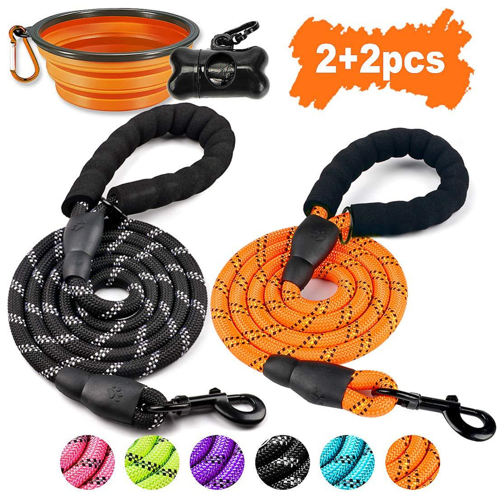 [Australia] - COOYOO - 2 Pack Dog Leash 5 FT Heavy Duty Radiant Colors, Reflective Rope - Padded Handle - Reflective Dog Leash for Medium Large Dogs with Collapsible Pet Bowl Set 4-Black+Orange 