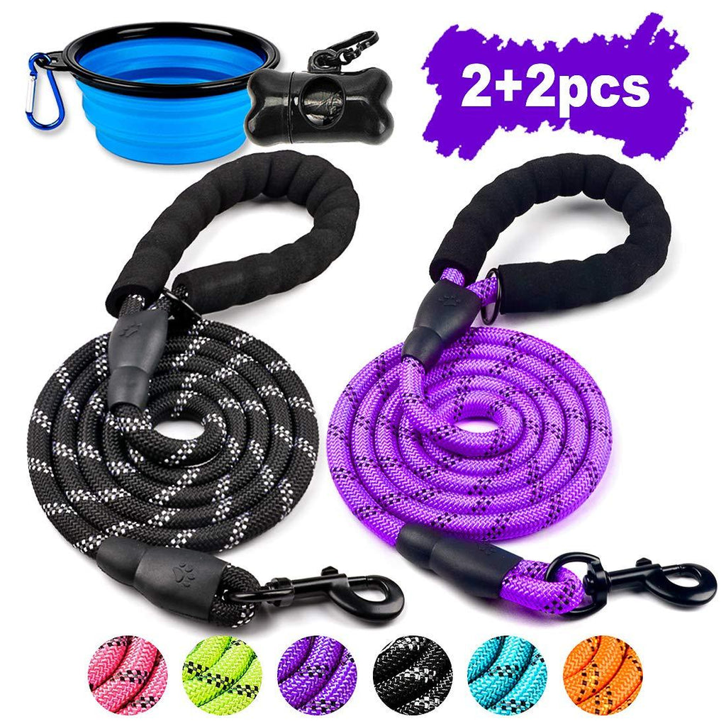 [Australia] - COOYOO 2 Pack Dog Leash 5 FT Heavy Duty - Comfortable Padded Handle - Reflective Dog Leash for Medium Large Dogs with Collapsible Pet Bowl Set 3-Black+Purple 