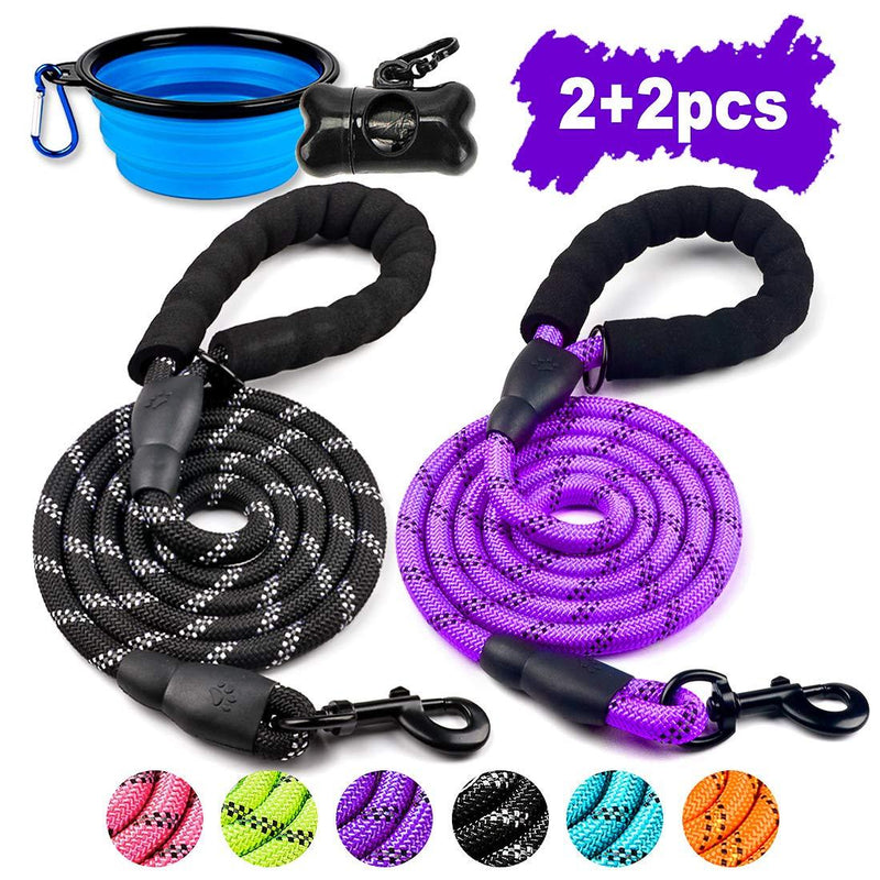 [Australia] - COOYOO 2 Pack Dog Leash 5 FT Heavy Duty - Comfortable Padded Handle - Reflective Dog Leash for Medium Large Dogs with Collapsible Pet Bowl Set 3-Black+Purple 