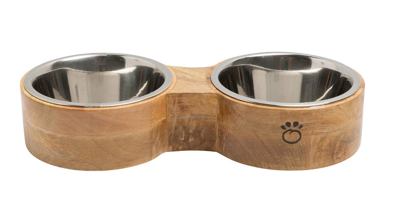 [Australia] - Brave Bark Figure 8 Feeder - Premium Mango Wood Double Feeder, 2 Stainless Steel Bowls for Food or Water Included, Perfect for Dogs, Cats and Pets of Any Size, Great for Home or Office Medium 