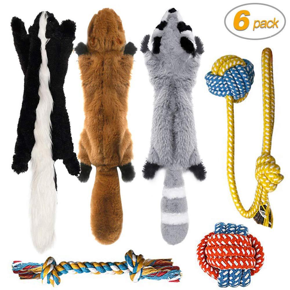 [Australia] - Peteast-3 Squeaky Toys and 3 Rope Dog Toys, No Stuffing Squeaky Plush Fox Raccoon Squirrel, Puppy Chew Teething Rope Toys Set for S/M/L Dogs Pets Animals B 