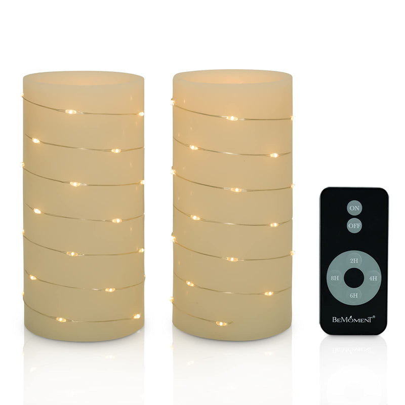 Flameless Candles Battery Operated BeMoment String of White Led Lights Wrapped Around Real Wax Pillar Candles with Remote and Timer Pack of 2 (3"×6") - PawsPlanet Australia