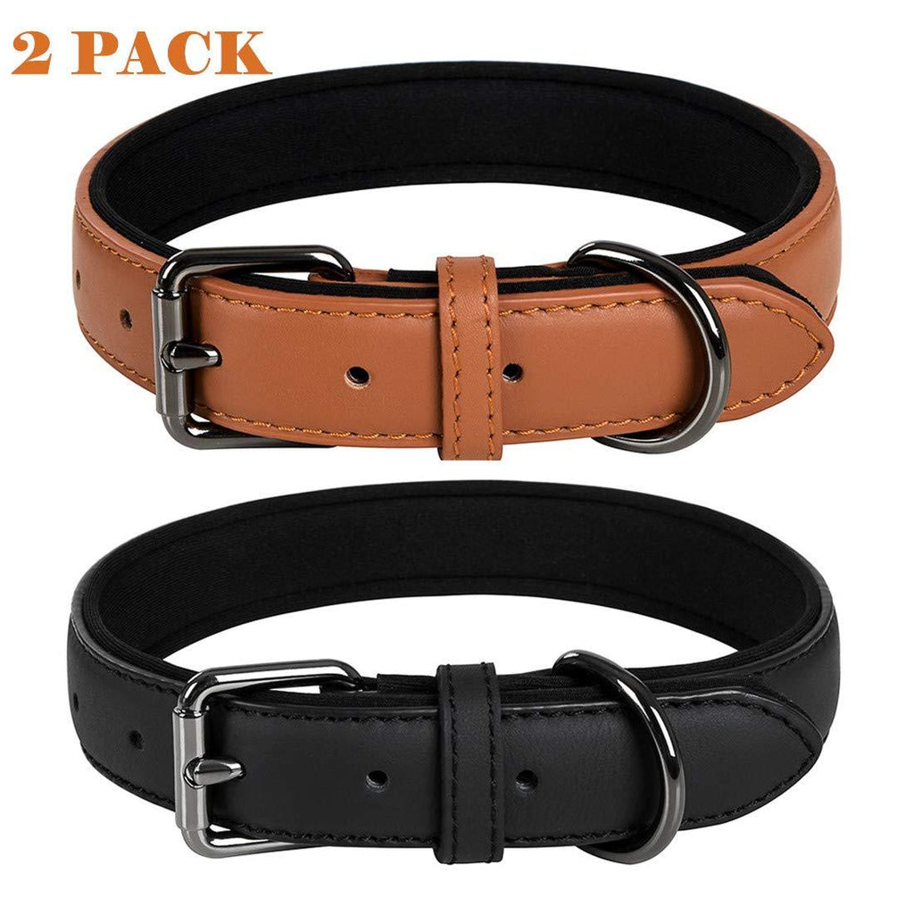 [Australia] - Coohom 2 Pack Genuine Leather Soft Waterproof Fabric Padded Dog Collars,Durable Adjustable Leather Pet Collars for Small Medium Large Dogs Black Red Blue Orange Yellow Brown black+brown 