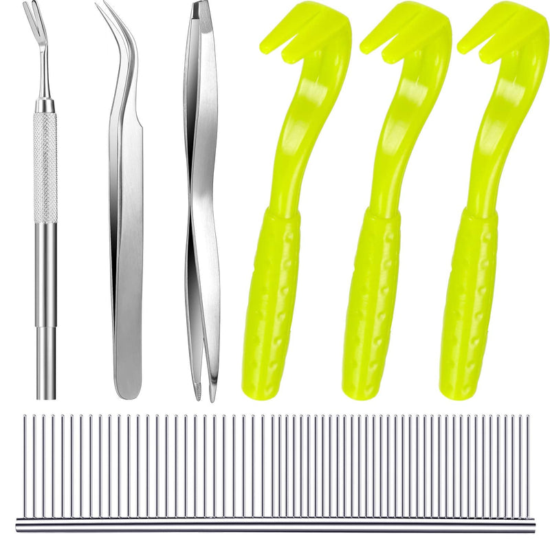 Boao Tick Removal Tool Kit, Include 3 Pieces Plastic Removers, 3 Pieces Stainless Steel Tweezers with Comb for Dog and Cats Fluorescent Green - PawsPlanet Australia