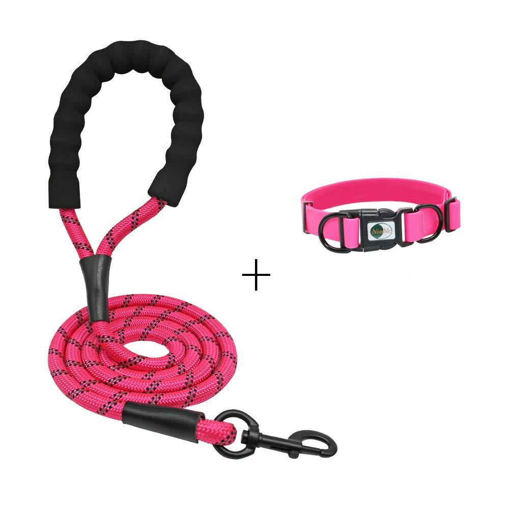 [Australia] - NIMBLE Dog Leash and Collar Set 5FT Strong Reflective Dog Leash and Waterproof Collar for Medium Large Dogs 5FT leash + M collar Pink 