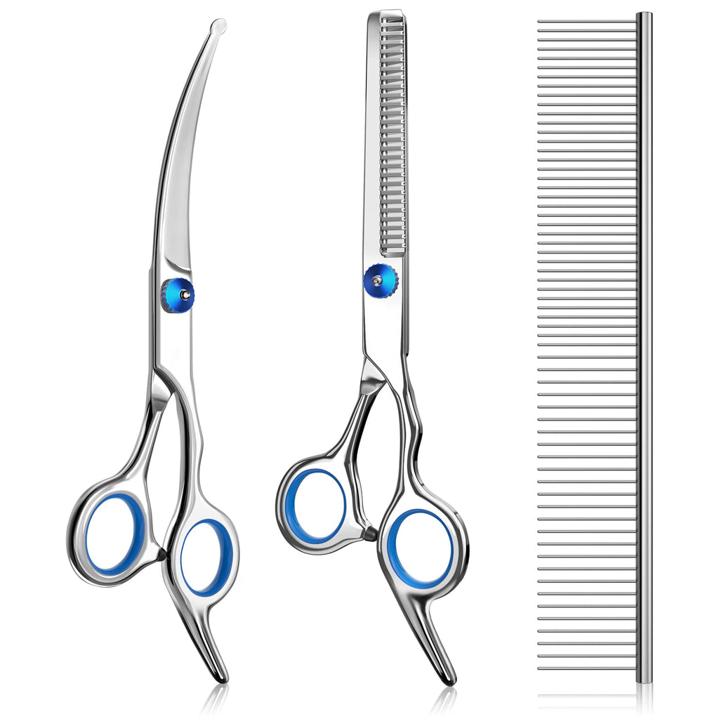 Pets vv 3 Pack Dog Grooming Scissors with Safety Round Tip, Perfect Stainless Steel Up-Curved Grooming Scissors Thinning Cutting Shears with Pet Grooming Comb for Dogs and Cats Blue - PawsPlanet Australia