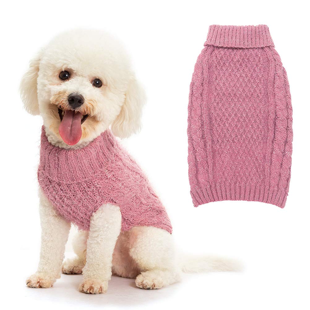 SCIROKKO Turtleneck Dog Sweater - Classic Cable Knit Winter Coat - Feather Yarn Glittered with Silver Wire - Keep Warm for Doggies Puppy XS - neck 9-10", chest 15-16" Pink - PawsPlanet Australia