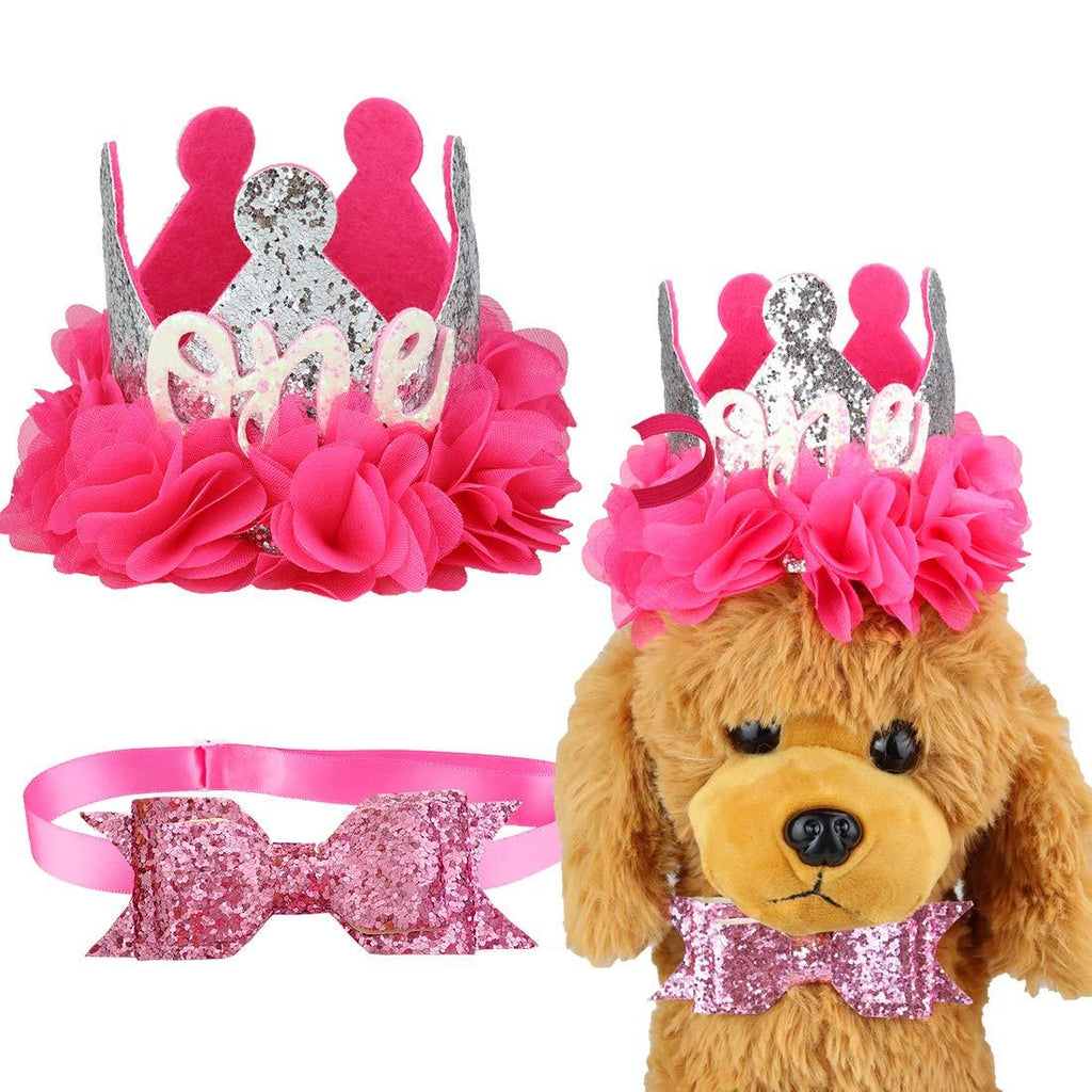 [Australia] - Aillion Dog Cat 1st Birthday Hat Crown Shaped and Shiny Bowtie Collar Rose Red and Silver 