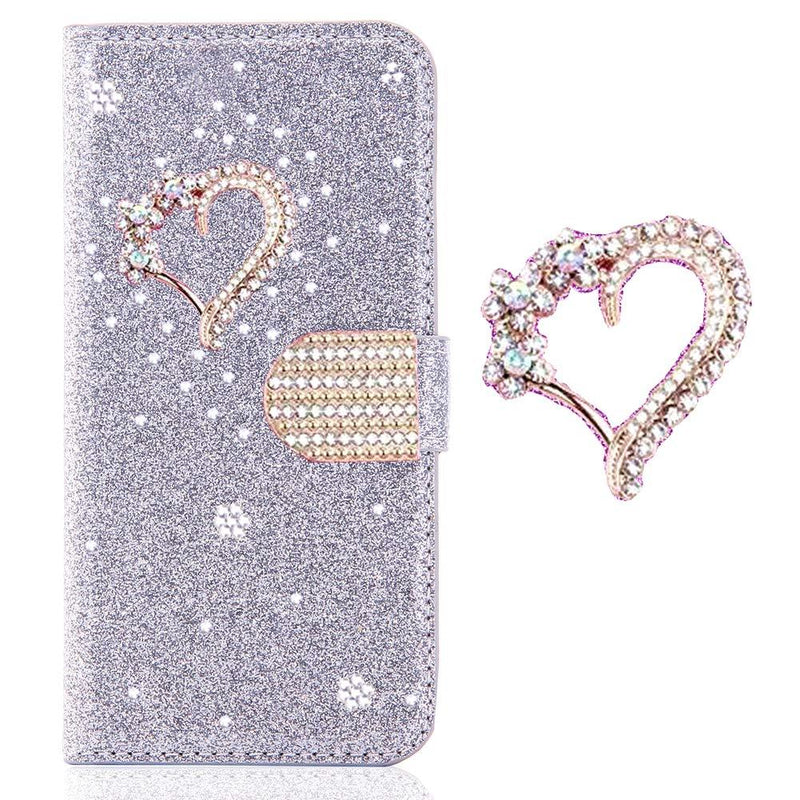 Butterfly Diamond Compatible with iPhone 6S Plus iPhone 6 Plus,Purse Leather Sparkle Bling Glitter Stand Function Flip Kickstand Magnetic Book Wallet with Card Slot Holder Protective Cover iPhone 6S/6 Plus Bling Love Silver - PawsPlanet Australia
