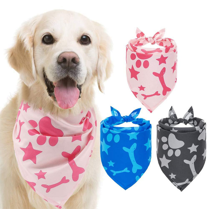 PAWCHIE Bone Print Dog Bandana 3 Pack - Adjustable and Polyester Pet Puppy Triangle Scarf Bibs, Including Pink, Black and Blue, Fit for Small Medium Large Dogs - PawsPlanet Australia