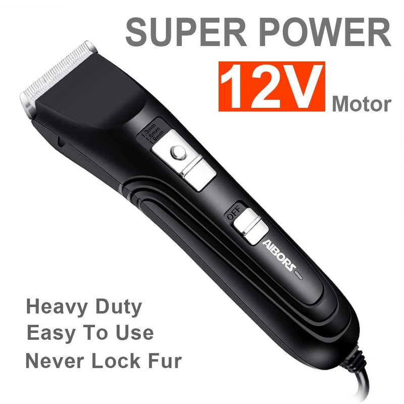 [Australia] - AIBORS Dog Clippers Shaver 12V High Power for Thick Heavy Coats Quiet Plug-in Pet Electric Professional Hair Grooming Clippers kit with Guard Combs Brush for Dogs Cats and Other Animals Black 