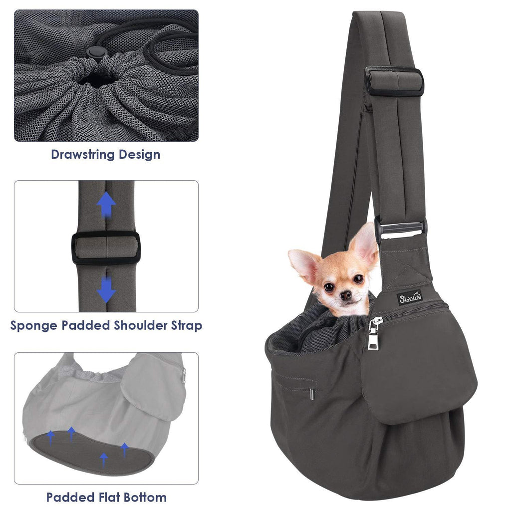 [Australia] - SlowTon Pet Sling Carrier, Comfortable Hard Bottom Support Small Dog Papoose Sling Adjustable Padded Shoulder Strap Hand Free Puppy Cat Carry Bag with Drawstring Opening Zipper Pocket Safety Belt For Pets Up to 9 lbs Grey 