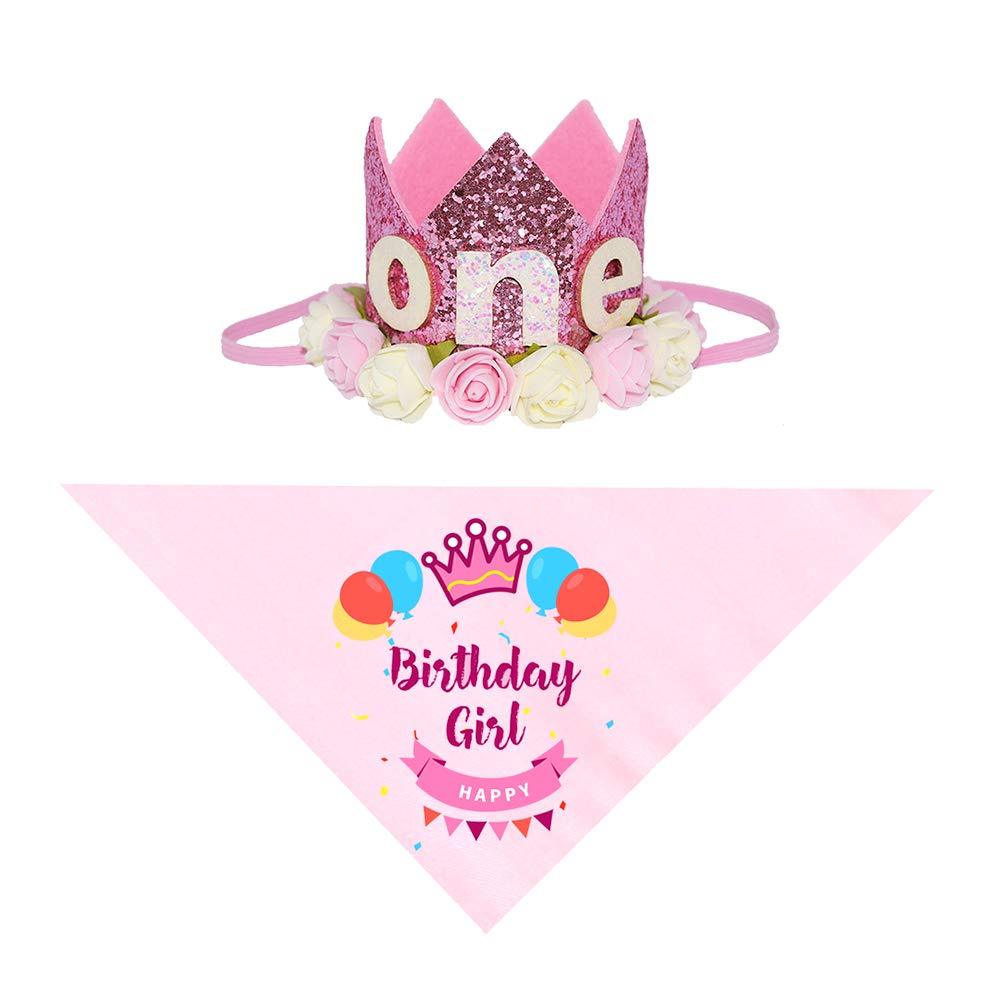 [Australia] - Petsidea Cute Puppy Birthday Bandana Set Dog Birthday Scarf and Crown Hat for Puppy Cat 1st Dog Gotcha Day Gift Photo Prop Flower Pink One Set 