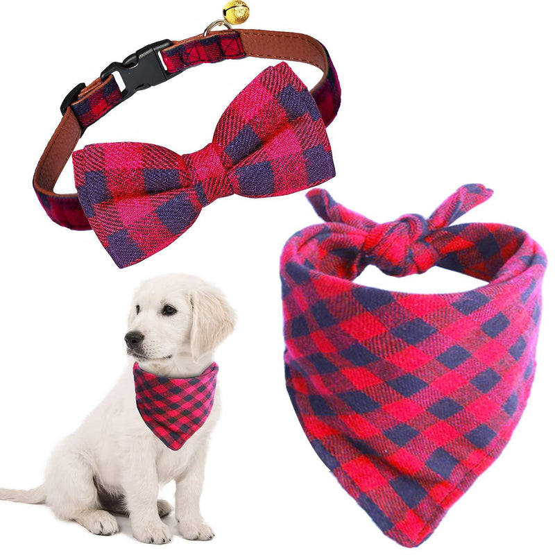 [Australia] - KUDES 2 Pack Small Dog Collar Breakaway and Bandana Set with Bell, Adjustable Plaid Bowtie and Scarf Triangle Bibs Kerchief for Puppies Red Plaid S(9.8"-14") 