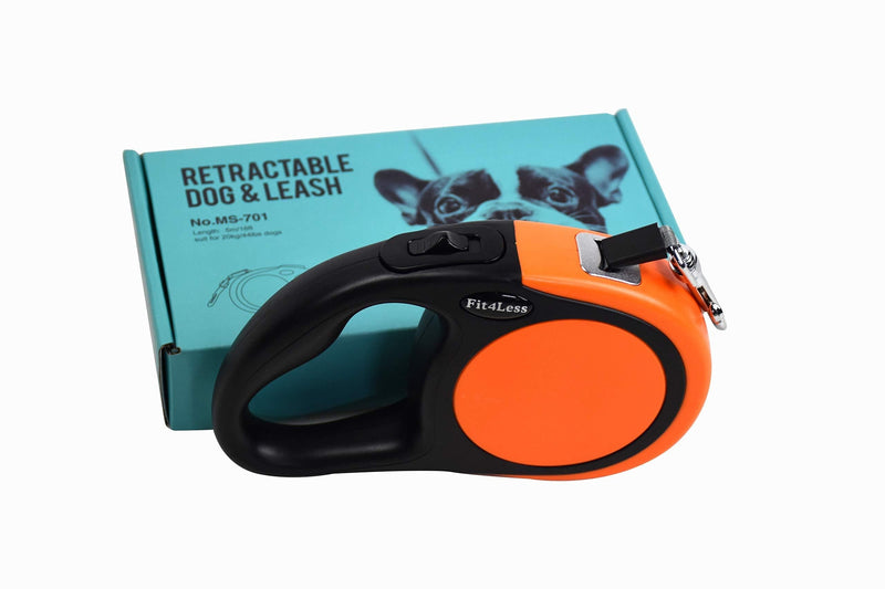 [Australia] - Fit4Less Retractable Dog Leash 16 ft Length Ideal for Small and mid Size up to 55lbs, with one Button Break and Lock. Orange 