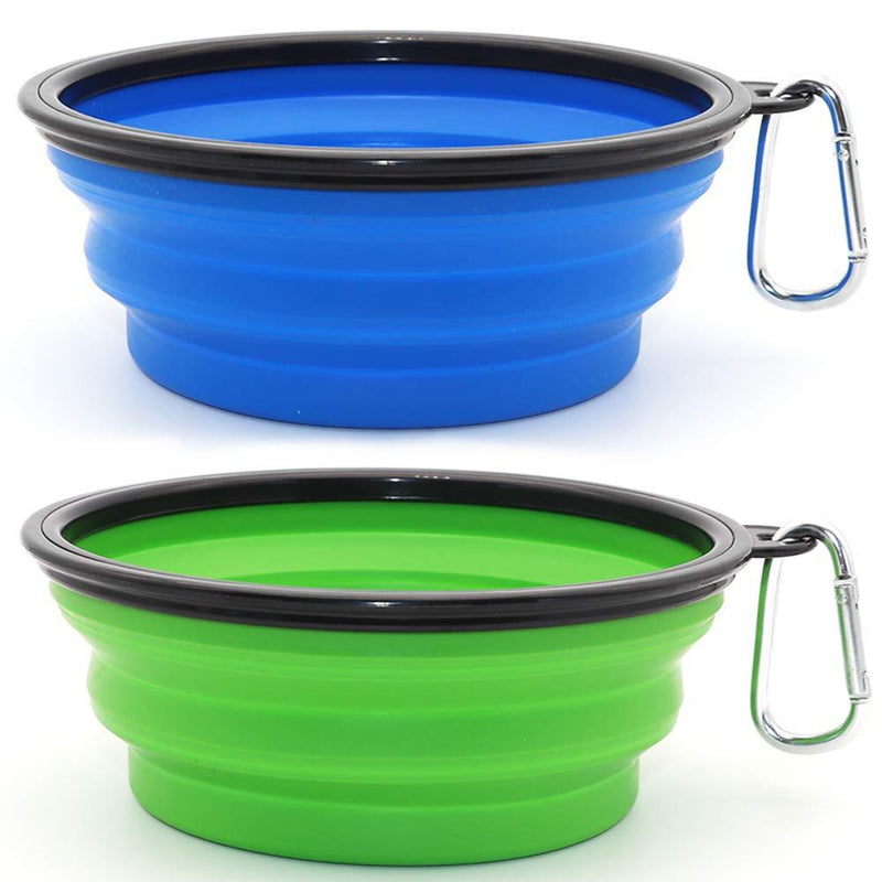 [Australia] - SLSON Collapsible Dog Bowl, 2 Pack Collapsable Dog Water Bowls for Cats Dogs, Portable Pet Feeding Watering Dish for Walking Parking Traveling with 2 Carabiners Large Large Blue+Green 