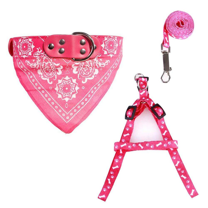 [Australia] - Kwan Dog Cat Small Puppy Harness Collar Leash Traction Kit Bandana Scarf Leather Collar Set Rosy 