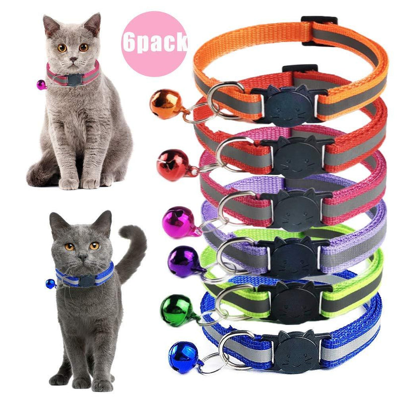 [Australia] - Breakaway Pet Cat Collar Reflective Nylon Strip Bell, Set of 6, Solid Cat Collar, Made of Nylon, Suitable for Small and Medium cat, Safe Durable. 