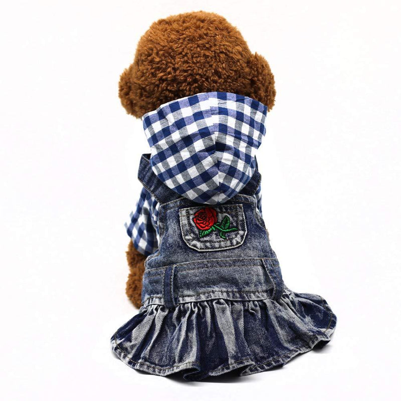 [Australia] - SILD Pet Clothes Dog Jeans Dress Classic Hoodie Stripe Dress for Small Medium Dog Cat Adorable Puppy Outfits S Blue plaid 