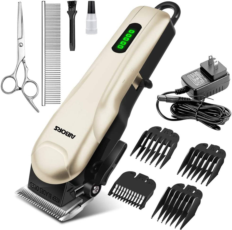 OMORC Dog Clippers with 12V High Power for Thick Coats, Professional Heavy Duty Dog Grooming Kit, Plug-in & Quiet Pet Clippers with 8 Comb Guides, 1 Scissor, 1 Comb, 1 Cleaning Brush Yellow - PawsPlanet Australia