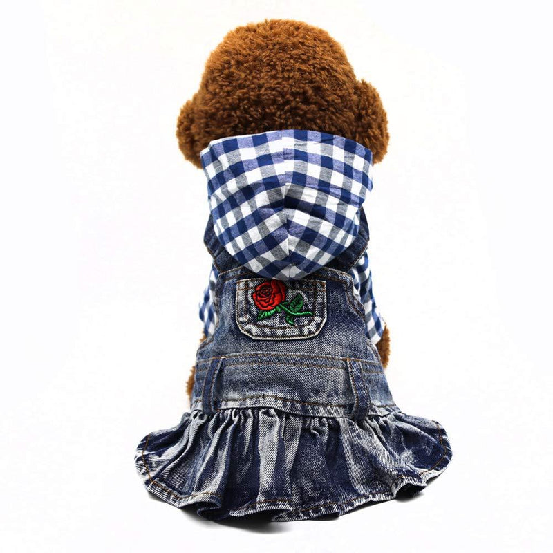 SILD Pet Clothes Dog Jeans Dress Classic Hoodie Stripe Dress for Small Medium Dog Cat Adorable Puppy Outfits L Blue plaid - PawsPlanet Australia