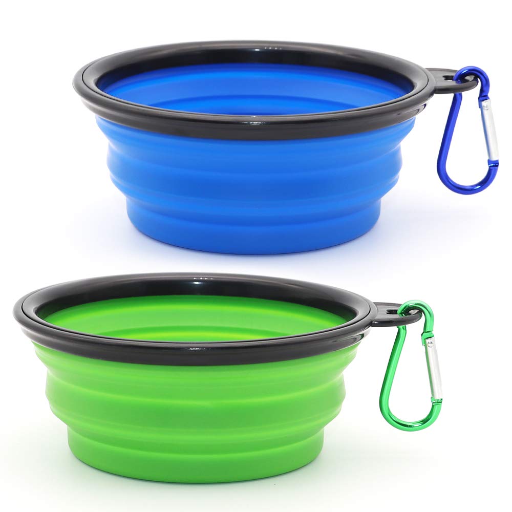 SLSON Collapsible Dog Bowl, 2 Pack Collapsible Dog Water Bowls for Cats Dogs, Portable Pet Feeding Watering Dish for Walking Parking Traveling with 2 Carabiners Small Blue+Green - PawsPlanet Australia