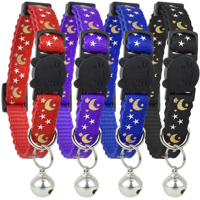 Upgraded Version - Cat Collar Stars and Moon, 4-Pack, Reflective with Bell, Solid & Safe Collars for Cats, Nylon, Kitty Collars, Pet Collar, Breakaway Cat Collar, Free Replacement Black, Red, Blue, Purple - PawsPlanet Australia