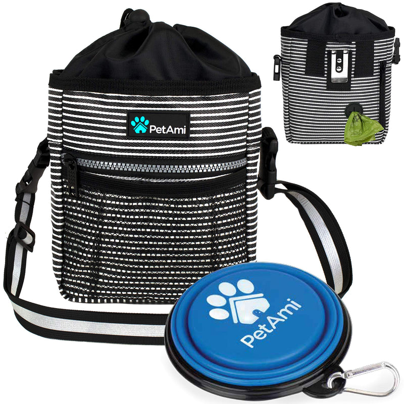PetAmi Dog Treat Pouch | Dog Training Pouch Bag with Waist Shoulder Strap, Poop Bag Dispenser and Collapsible Bowl | Treat Training Bag for Treats, Kibbles, Pet Toys | 3 Ways to Wear One Size Black Stripes - PawsPlanet Australia